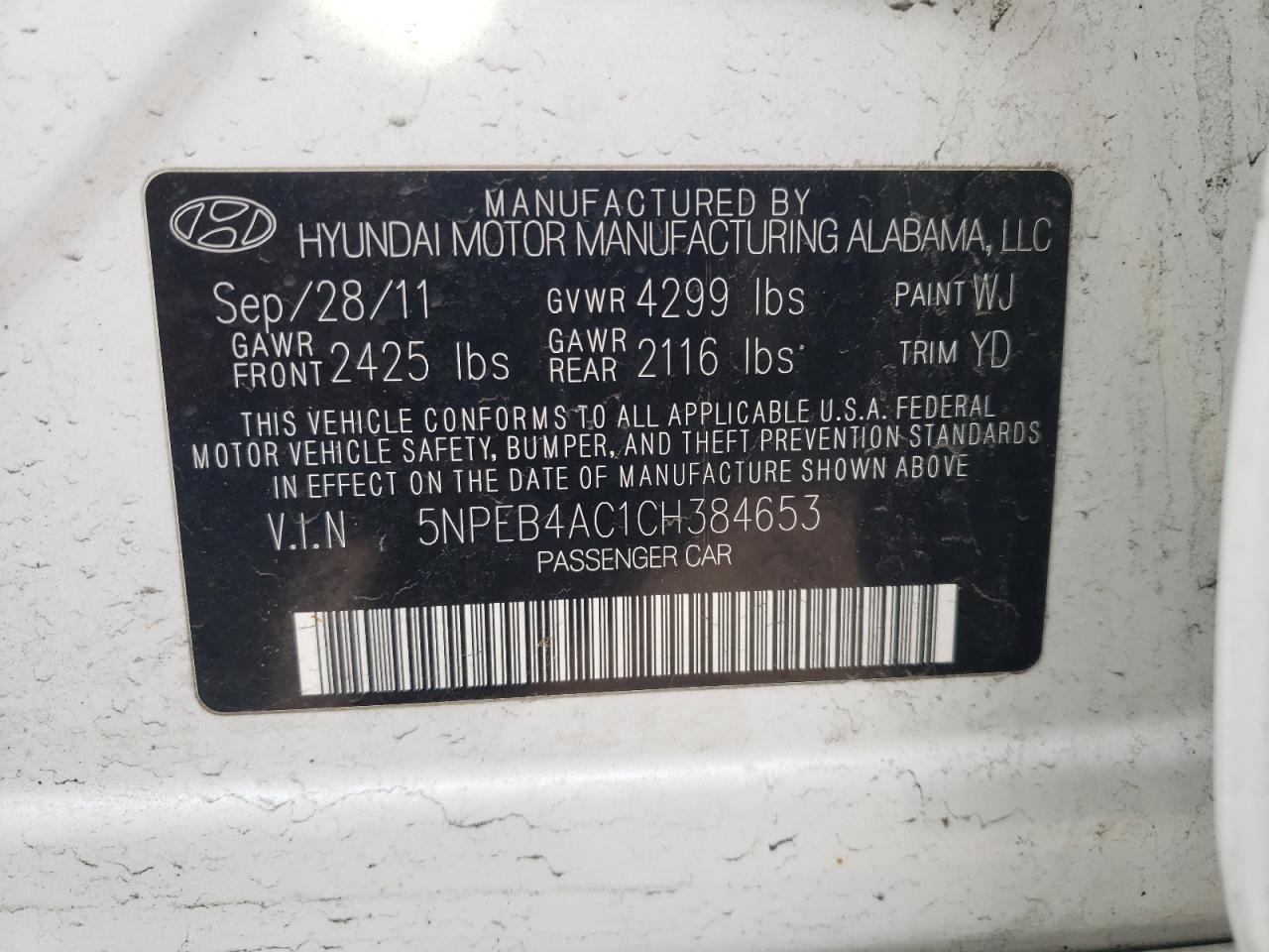 Photo 10 from auction – 2012 HYUNDAI SONATA GLS with VIN 5NPEB4AC1CH384653