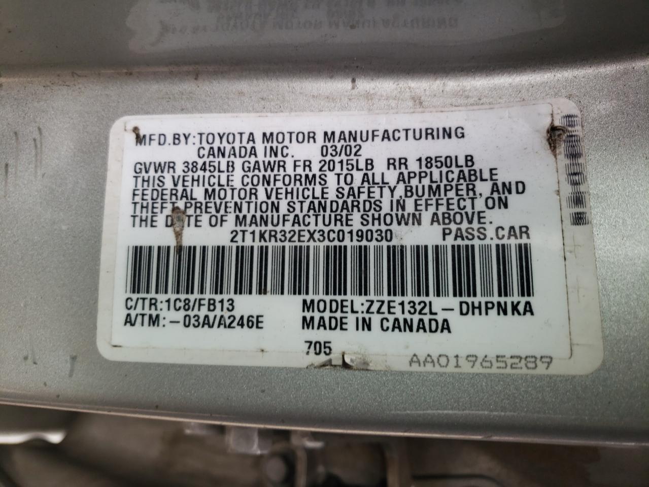 Photo 10 from auction – 2003 TOYOTA COROLLA MA with VIN 2T1KR32EX3C019030