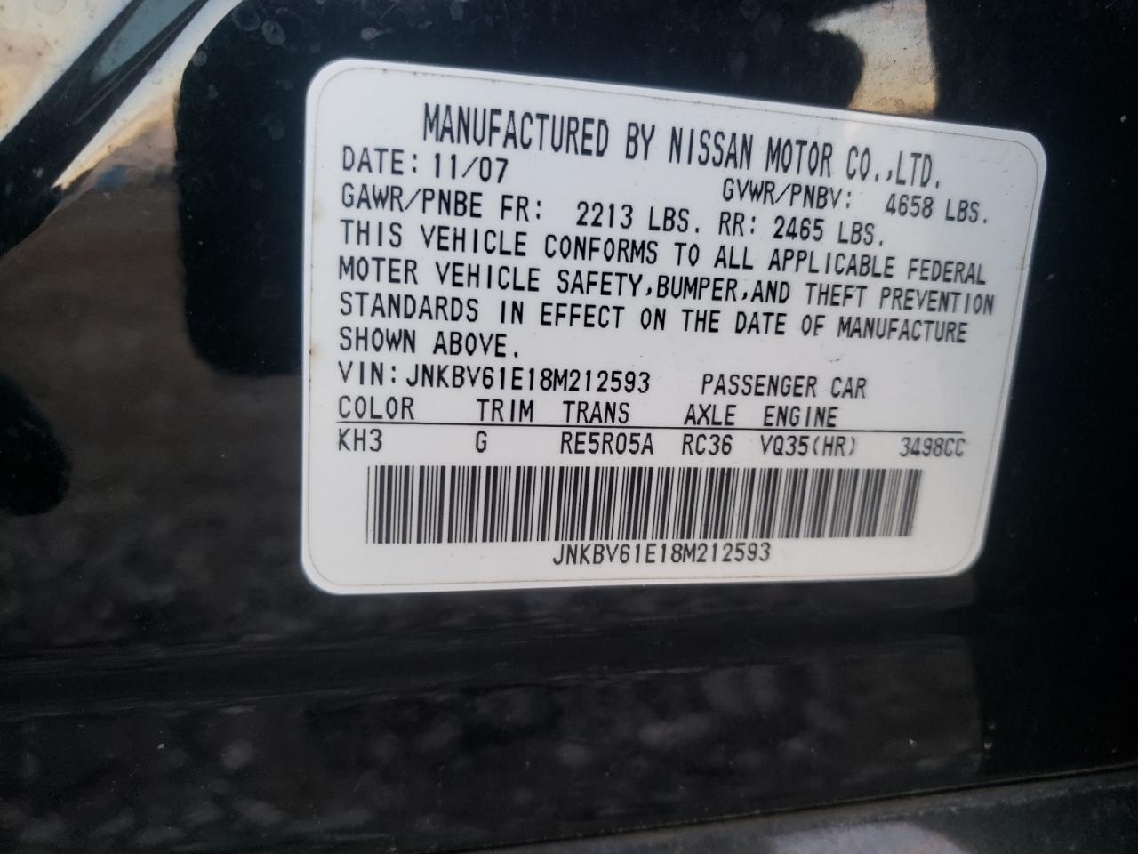 Photo 10 from auction – 2008 INFINITI G35 with VIN JNKBV61E18M212593
