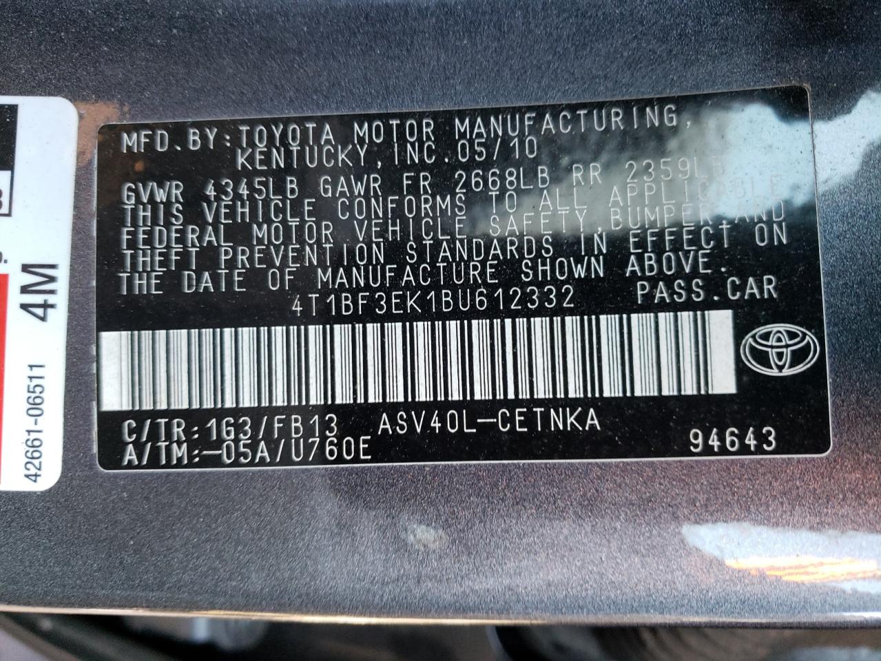 Photo 10 from auction – 2011 TOYOTA CAMRY BASE with VIN 4T1BF3EK1BU612332