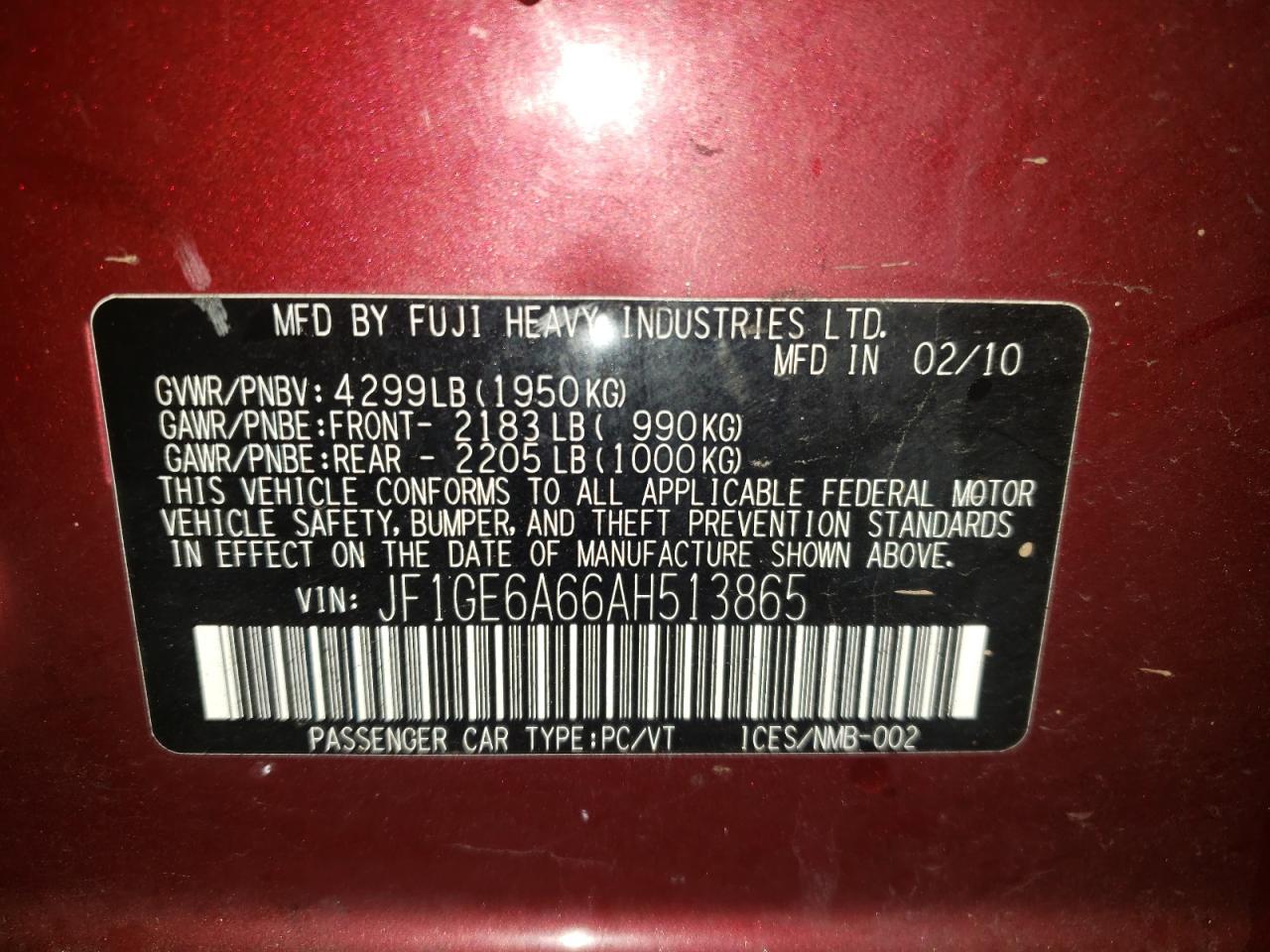 Photo 10 from auction – 2010 SUBARU IMPREZA 2. with VIN JF1GE6A66AH513865
