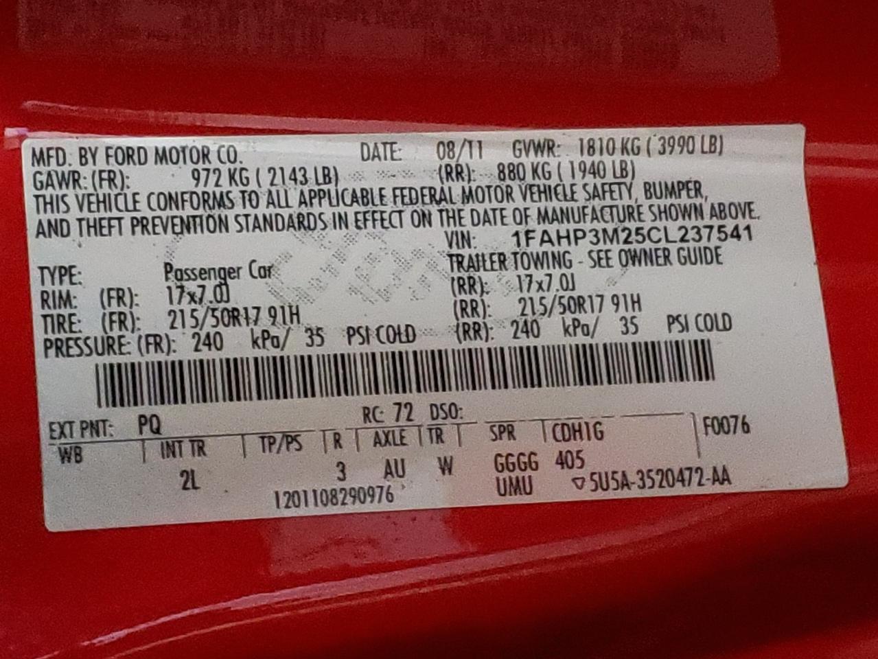 Photo 10 from auction – 2012 FORD FOCUS SEL with VIN 1FAHP3M25CL237541