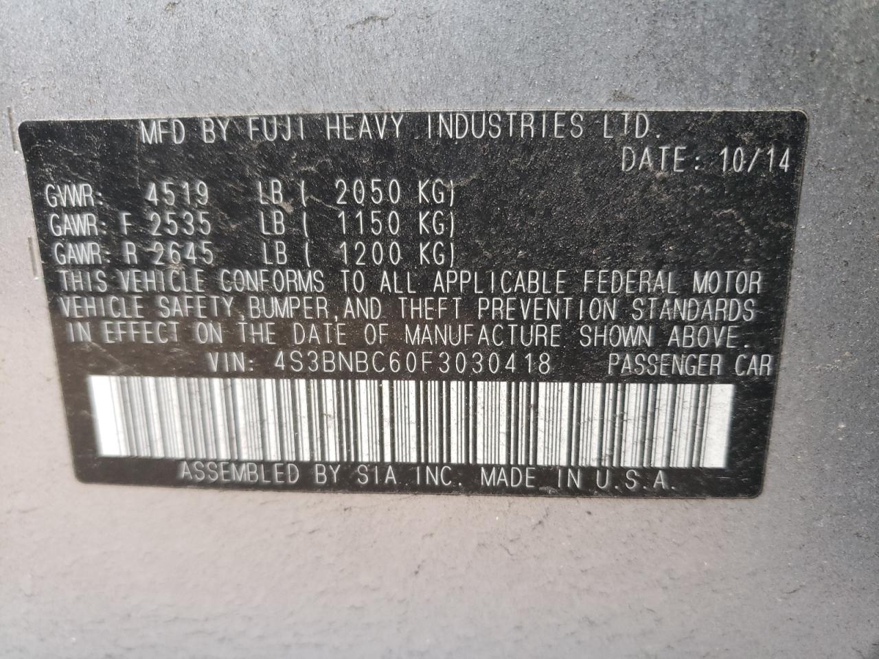 Photo 10 from auction – 2015 SUBARU LEGACY 2.5 with VIN 4S3BNBC60F3030418