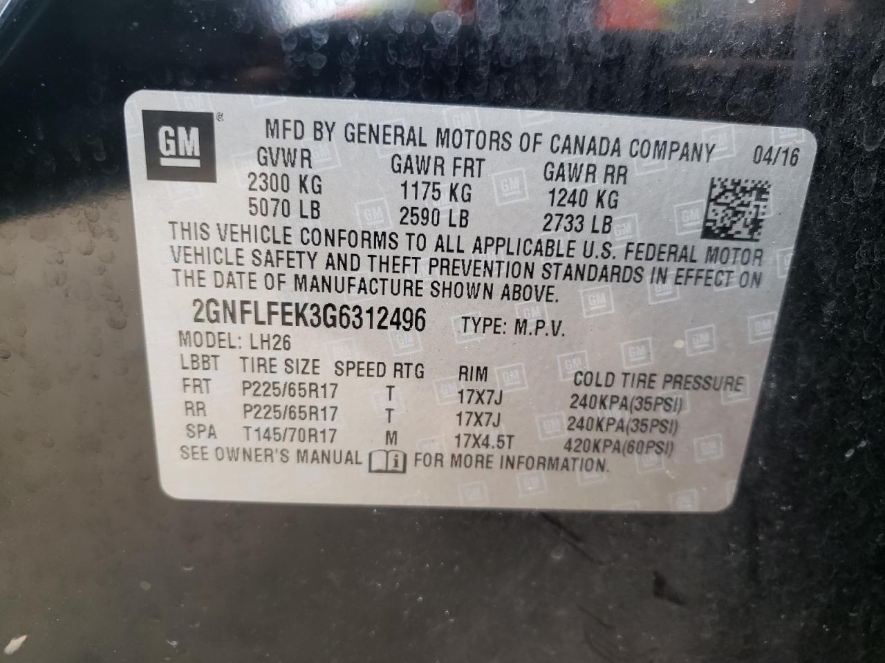 Photo 10 from auction – 2016 CHEVROLET EQUINOX LT with VIN 2GNFLFEK3G6312496