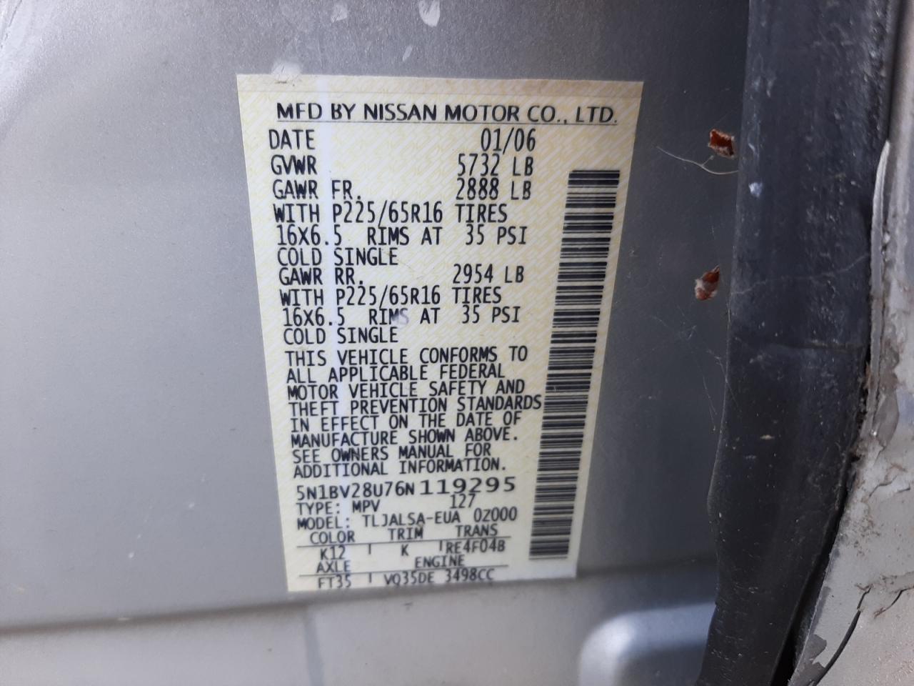 Photo 10 from auction – 2006 NISSAN QUEST S with VIN 5N1BV28U76N119295