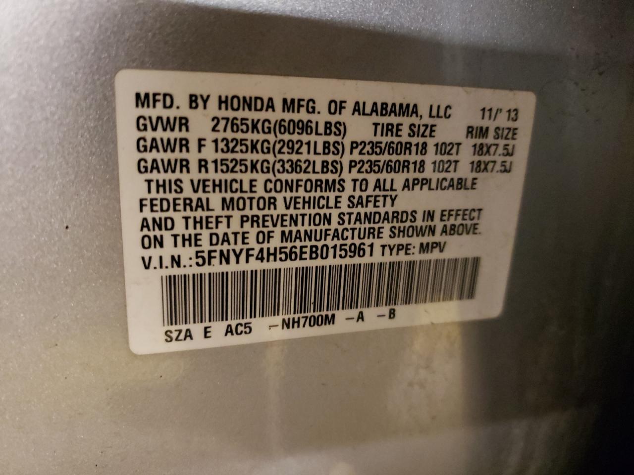 Photo 10 from auction – 2014 HONDA PILOT EXL with VIN 5FNYF4H56EB015961