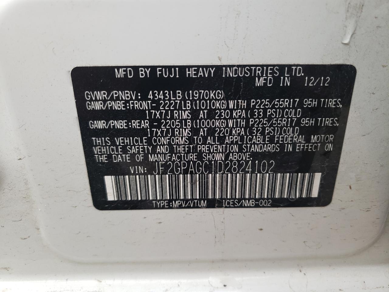 Photo 10 from auction – 2013 SUBARU XV CROSSTR with VIN JF2GPAGC1D2824102