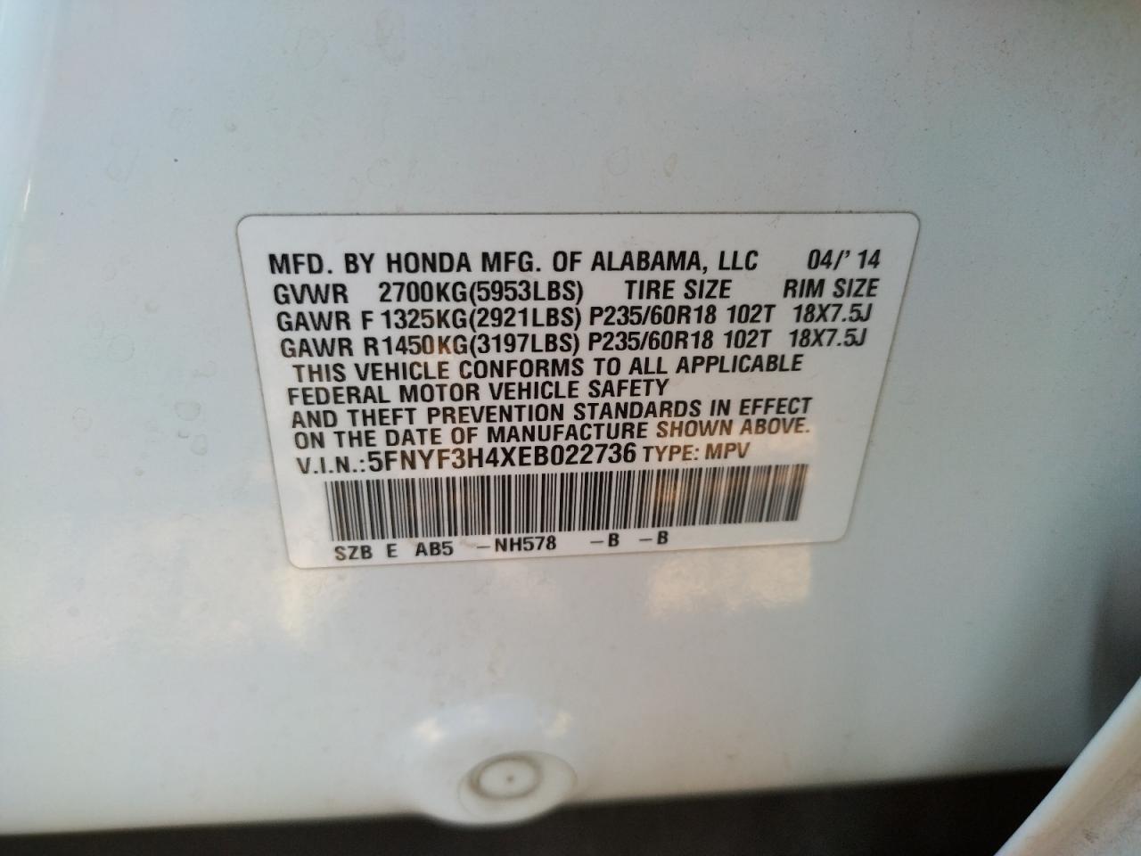 Photo 10 from auction – 2014 HONDA PILOT EX with VIN 5FNYF3H4XEB022736