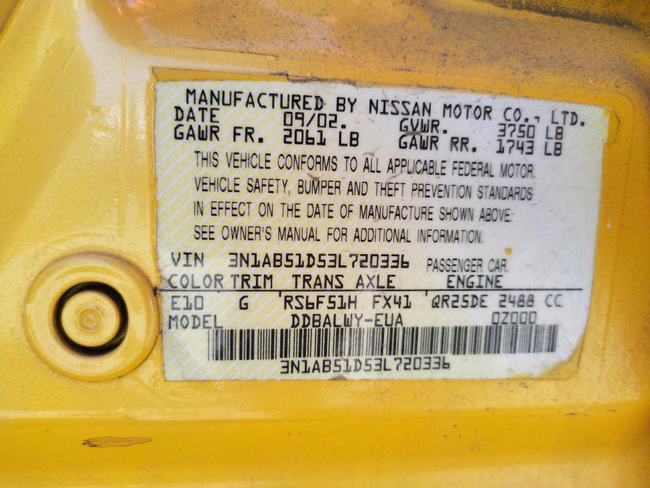 Photo 10 from auction – 2003 NISSAN SENTRA SE- with VIN 3N1AB51D53L720336