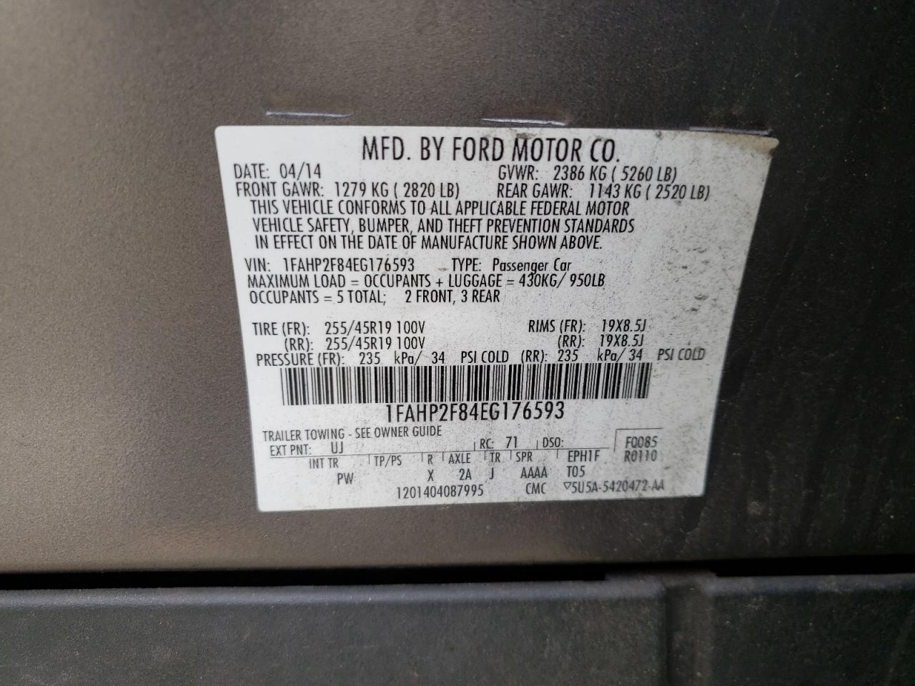 Photo 10 from auction – 2014 FORD TAURUS LIM with VIN 1FAHP2F84EG176593