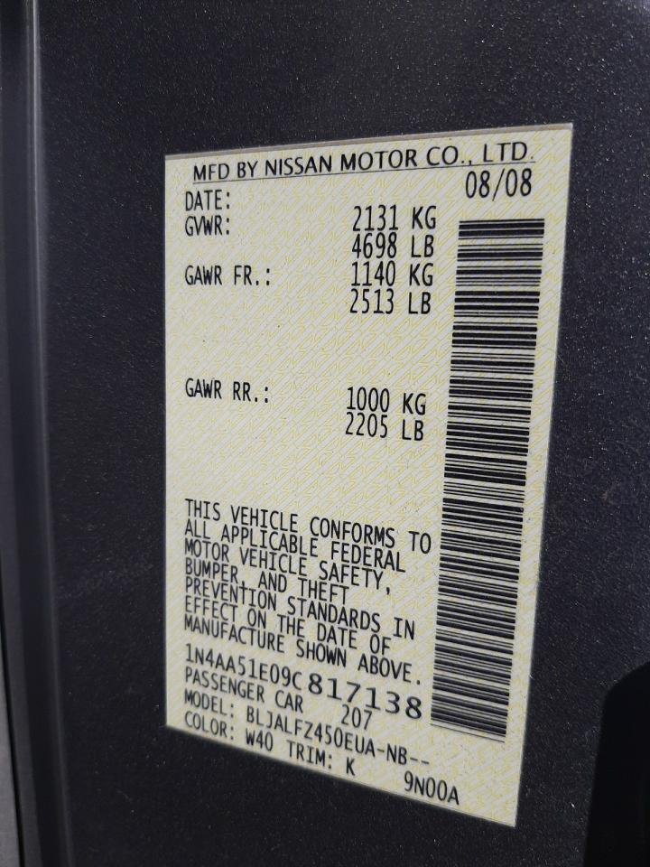 Photo 10 from auction – 2009 NISSAN MAXIMA S with VIN 1N4AA51E09C817138