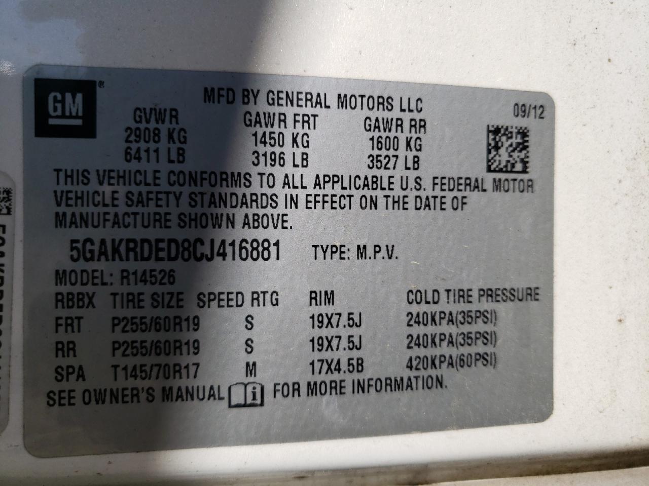 Photo 10 from auction – 2012 BUICK ENCLAVE with VIN 5GAKRDED8CJ416881
