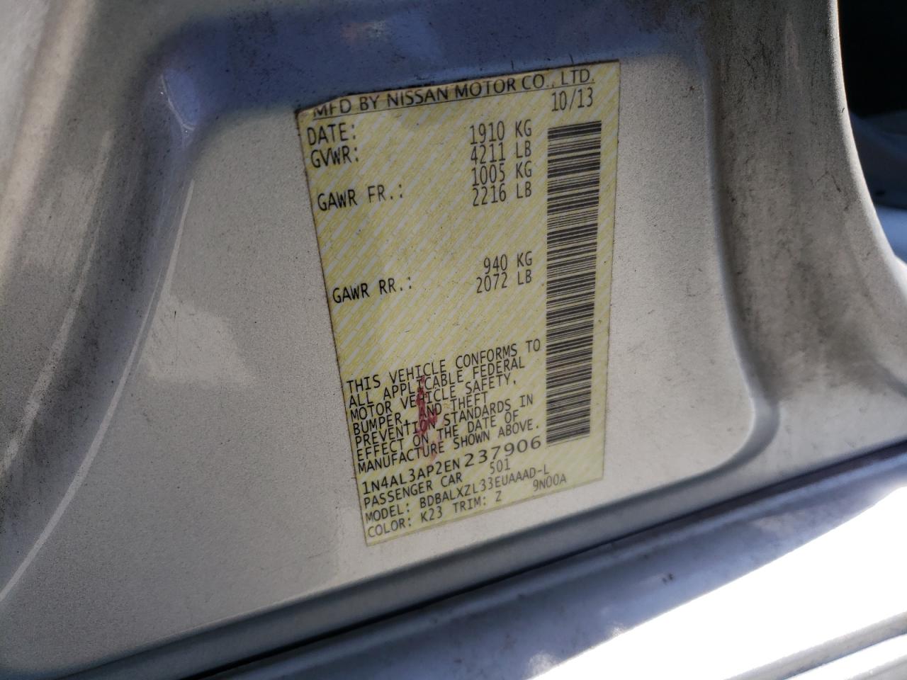 Photo 10 from auction – 2014 NISSAN ALTIMA 2.5 with VIN 1N4AL3AP2EN237906