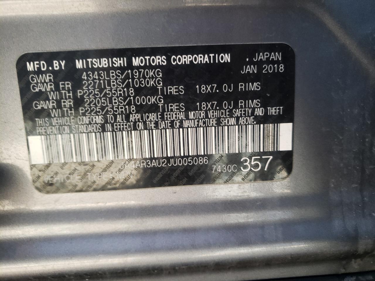 Photo 10 from auction – 2018 MITSUBISHI OUTLANDER with VIN JA4AR3AU2JU005086