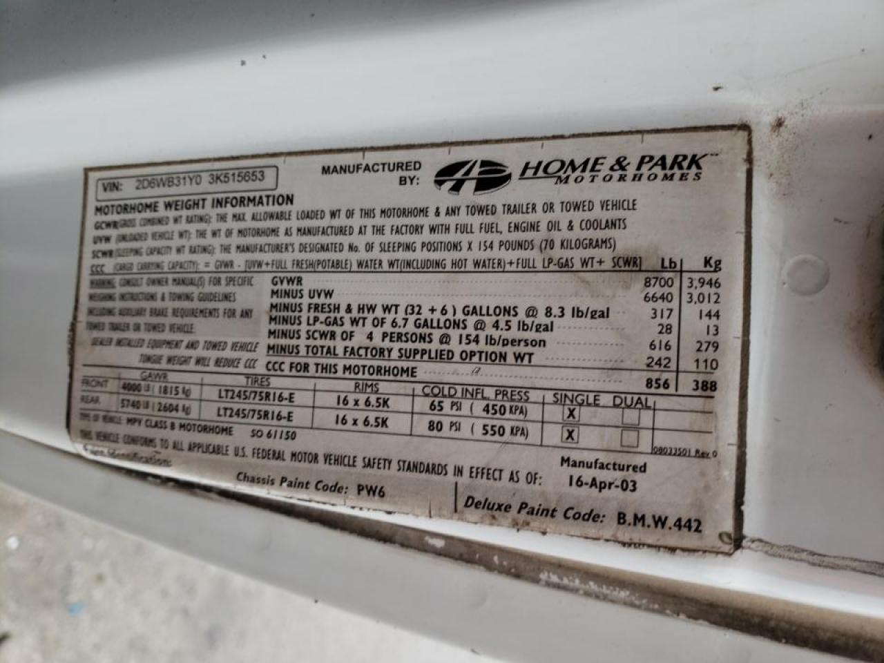Photo 10 from auction – 2003 DODGE RAM VAN B3 with VIN 2D6WB31Y03K515653