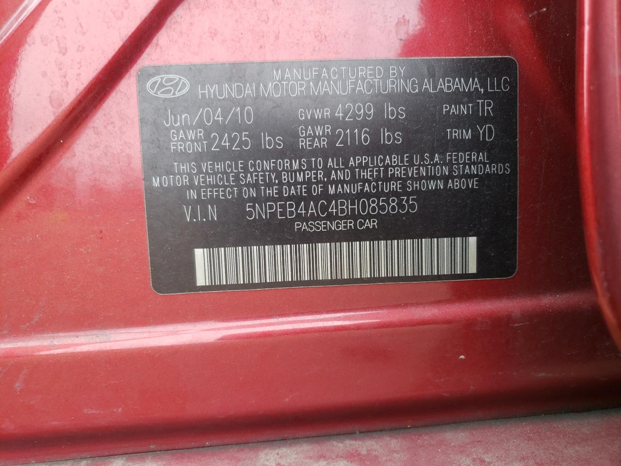 Photo 10 from auction – 2011 HYUNDAI SONATA GLS with VIN 5NPEB4AC4BH085835