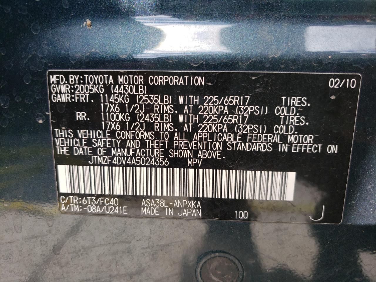 Photo 10 from auction – 2010 TOYOTA RAV4 with VIN JTMZF4DV4A5024356