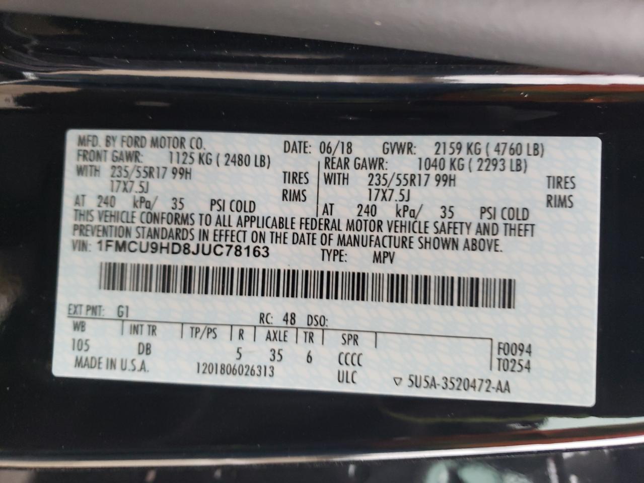 Photo 10 from auction – 2018 FORD ESCAPE SEL with VIN 1FMCU9HD8JUC78163