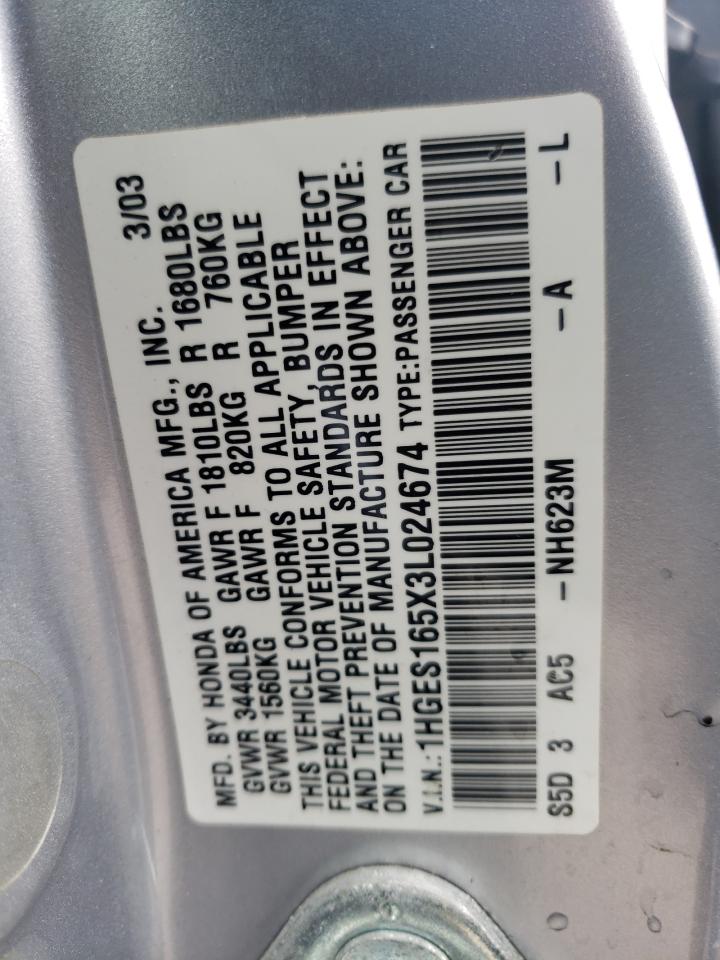 Photo 10 from auction – 2003 HONDA CIVIC LX with VIN 1HGES165X3L024674