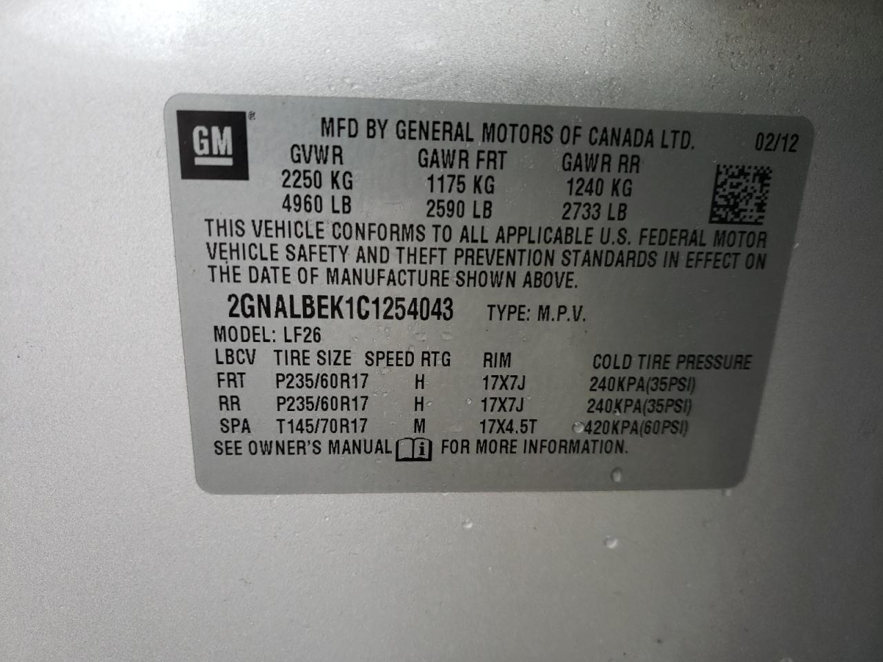 Photo 10 from auction – 2012 CHEVROLET EQUINOX LS with VIN 2GNALBEK1C1254043