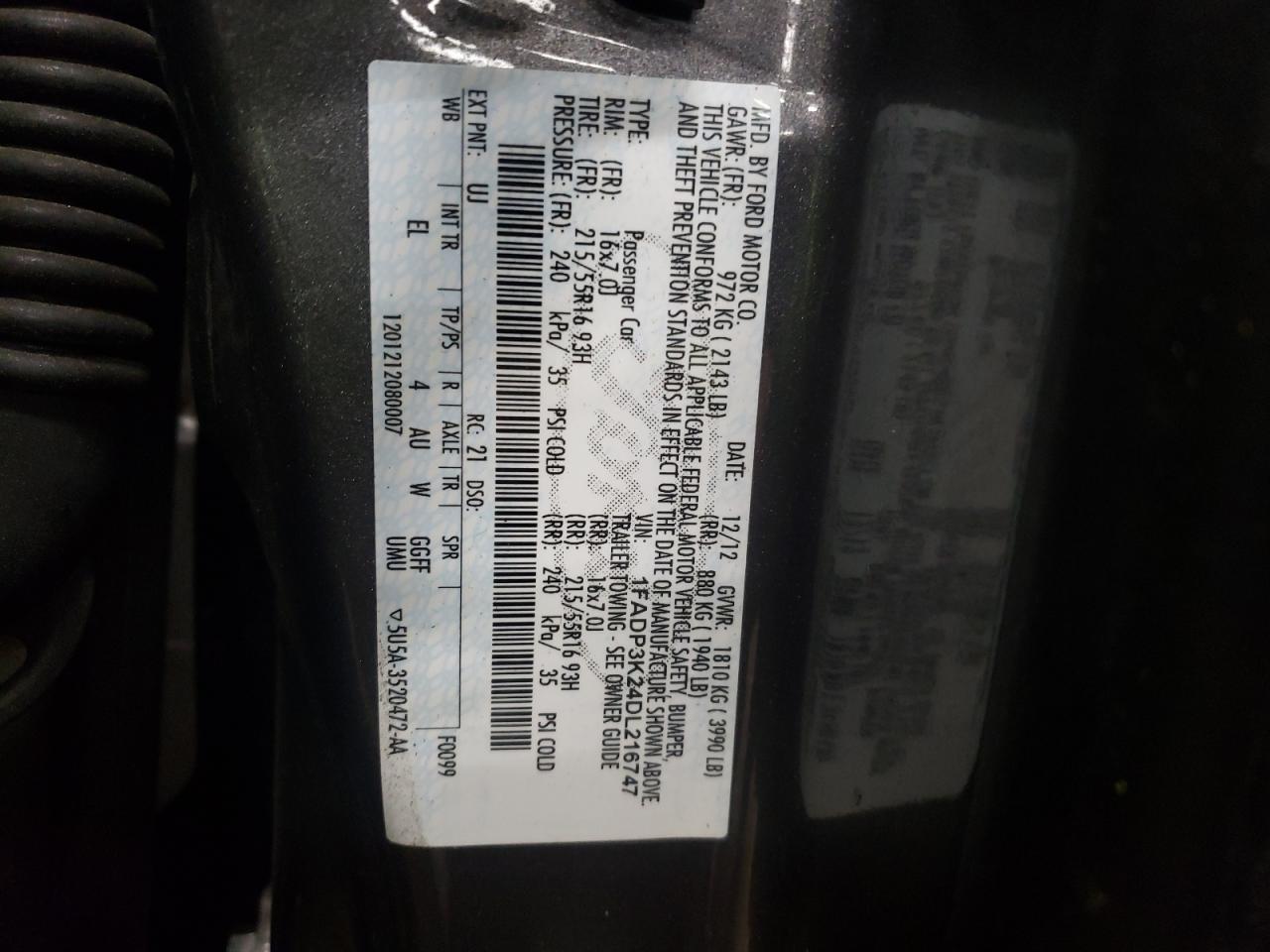 Photo 10 from auction – 2013 FORD FOCUS SE with VIN 1FADP3K24DL216747