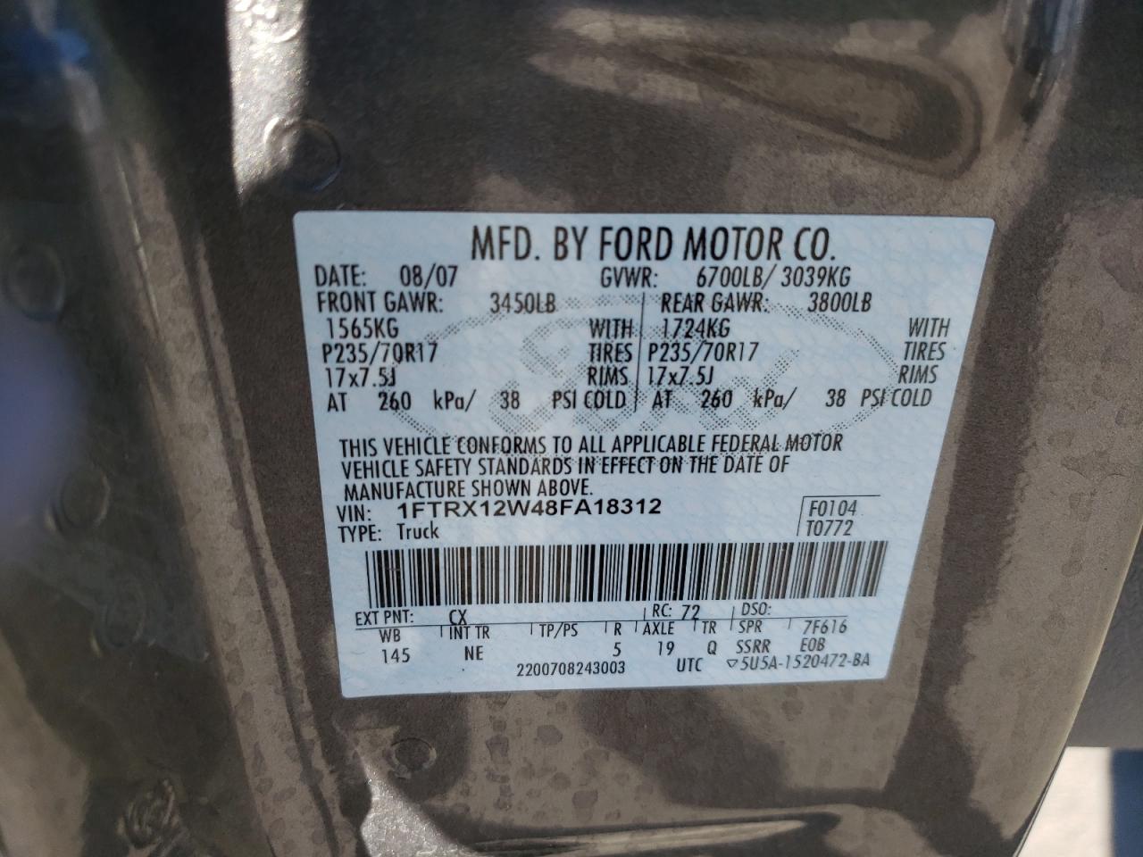 Photo 10 from auction – 2008 FORD F150 with VIN 1FTRX12W48FA18312
