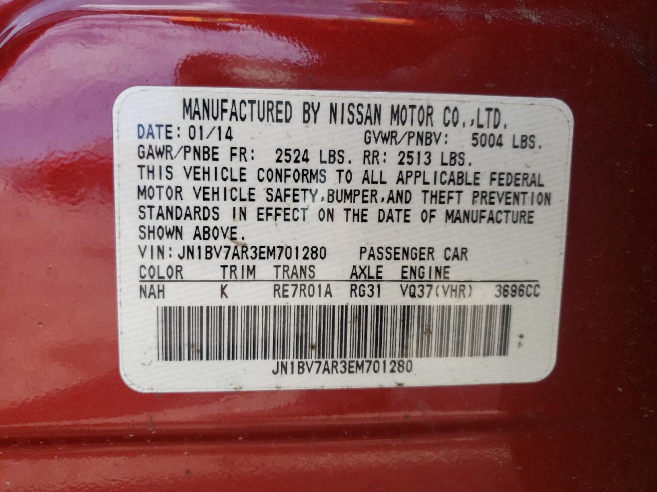 Photo 10 from auction – 2014 INFINITI Q50 BASE with VIN JN1BV7AR3EM701280