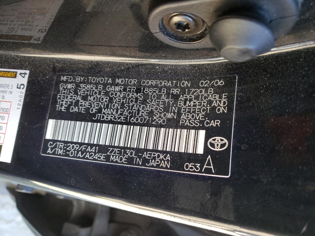 Photo 10 from auction – 2006 TOYOTA COROLLA CE with VIN JTDBR32E160071290