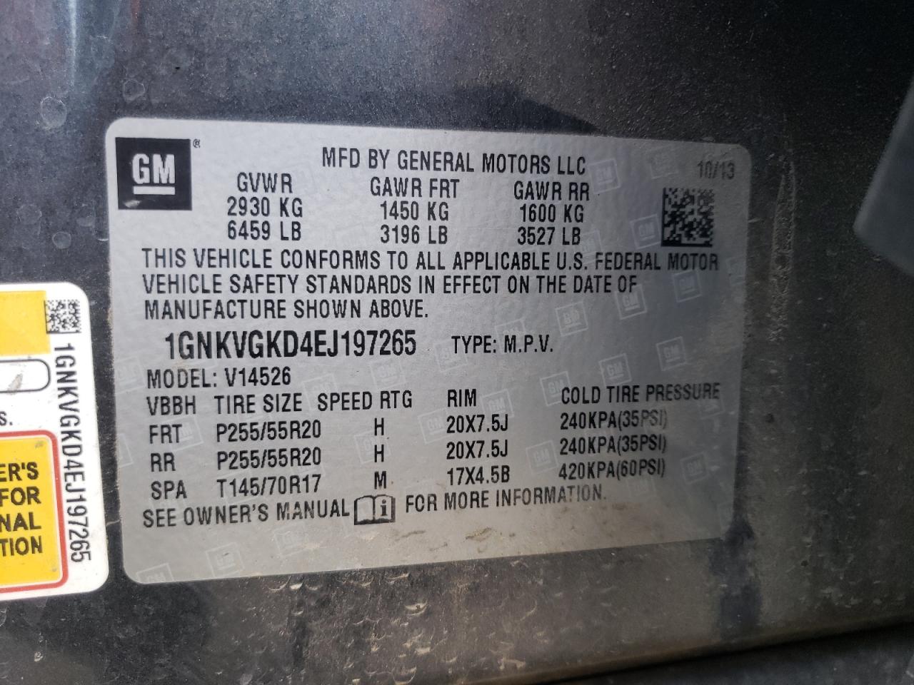 Photo 10 from auction – 2014 CHEVROLET TRAVERSE L with VIN 1GNKVGKD4EJ197265