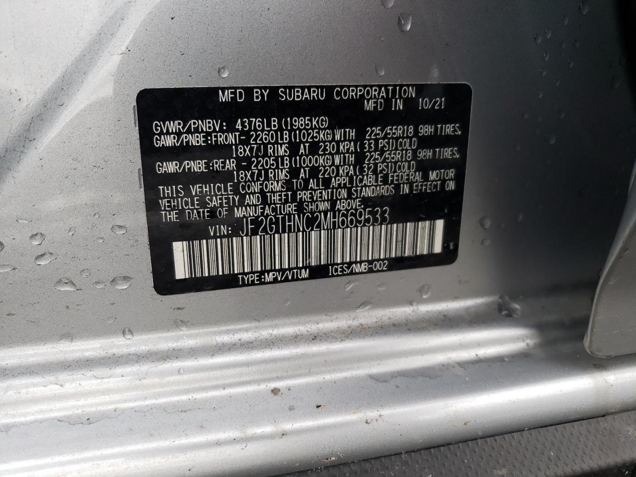 Photo 10 from auction – 2021 SUBARU CROSSTREK with VIN JF2GTHNC2MH669533