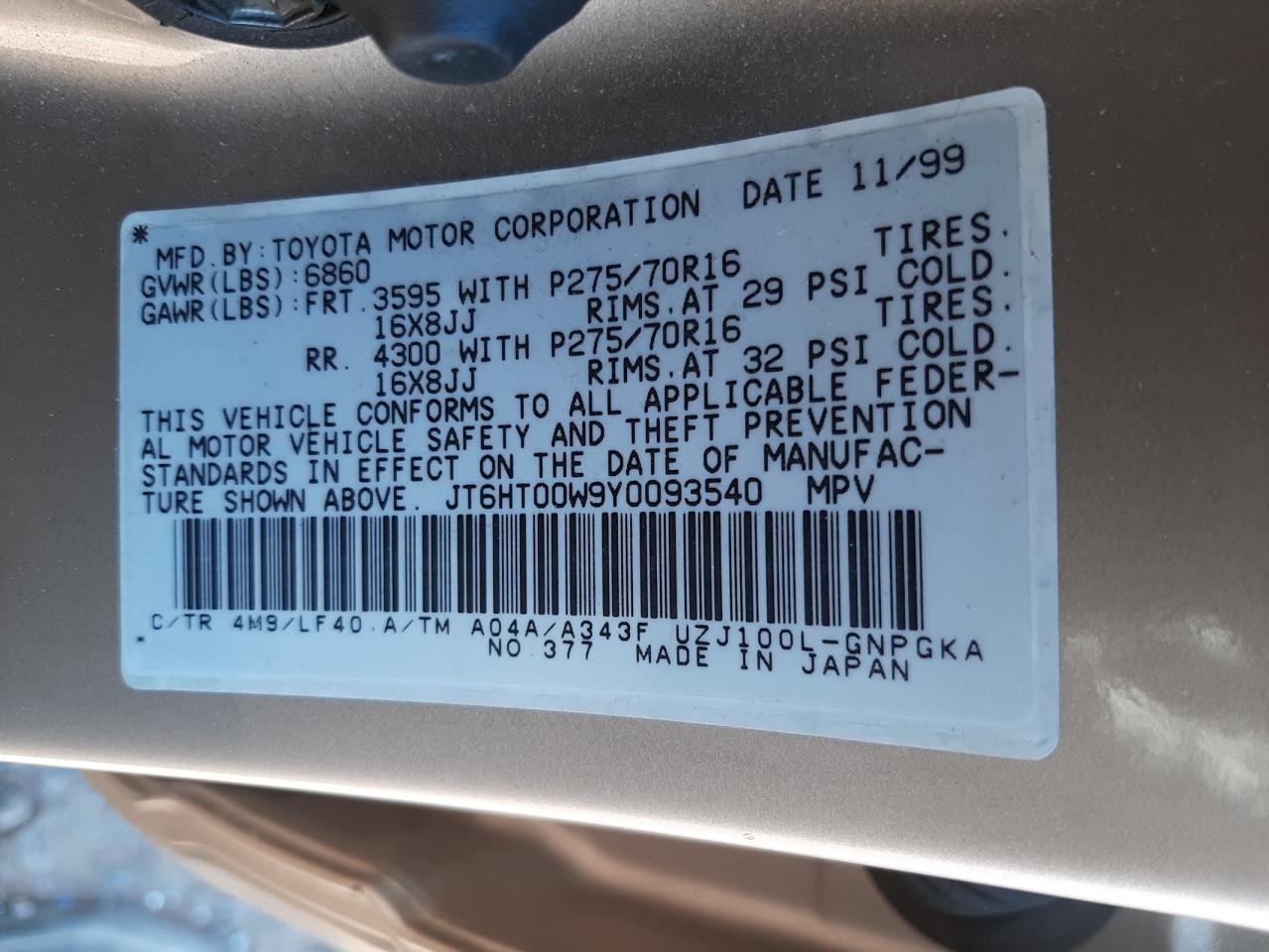 Photo 10 from auction – 2000 LEXUS LX 470 with VIN JT6HT00W9Y0093540