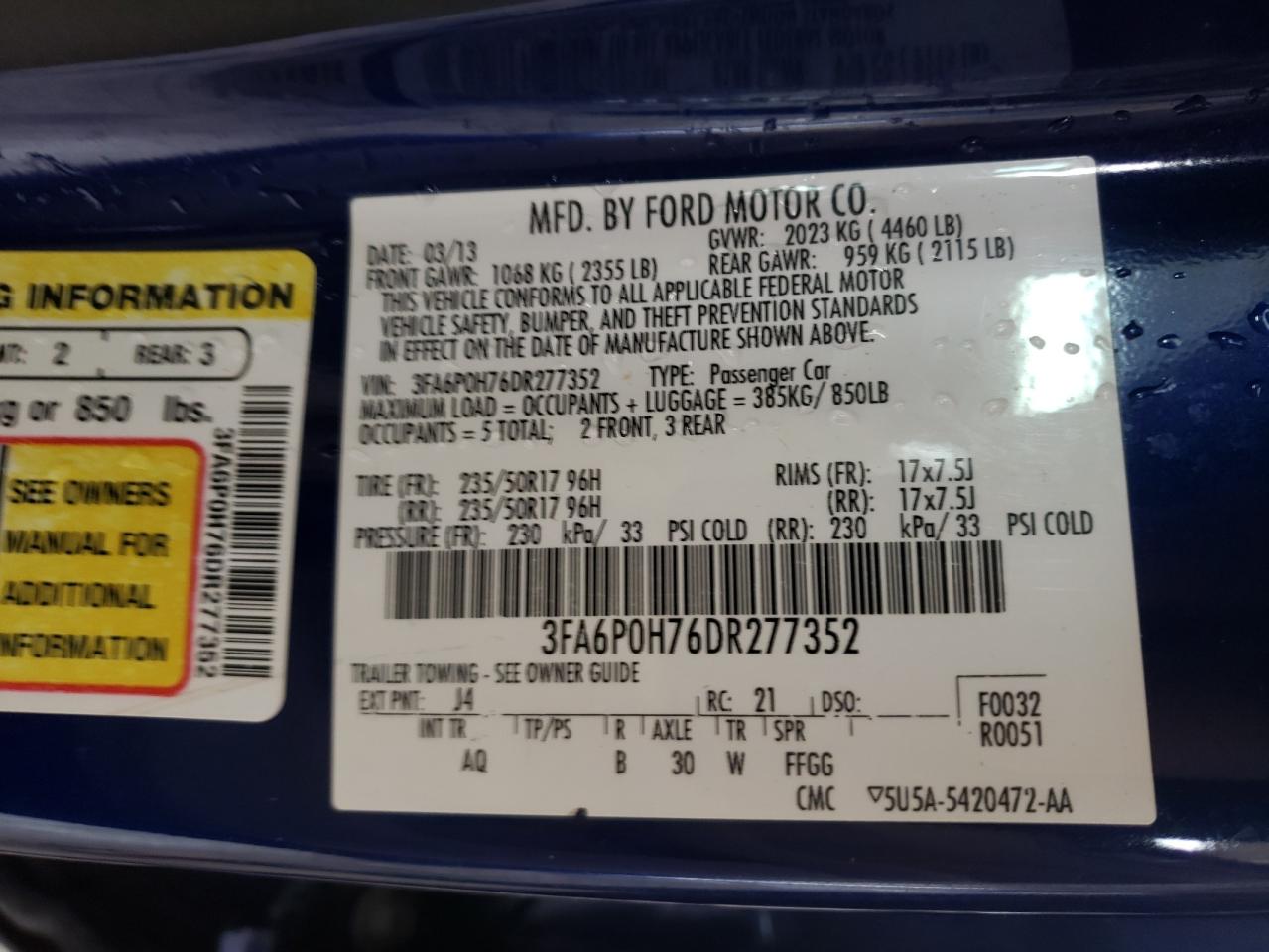 Photo 10 from auction – 2013 FORD FUSION SE with VIN 3FA6P0H76DR277352