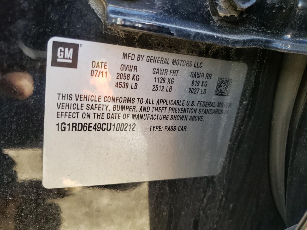 Photo 10 from auction – 2012 CHEVROLET VOLT with VIN 1G1RD6E49CU100212