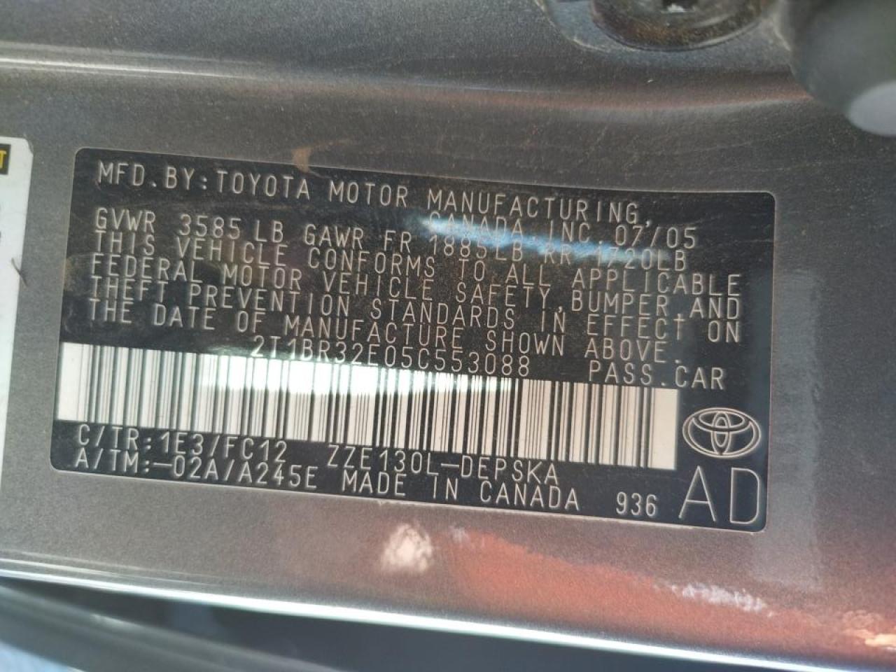 Photo 10 from auction – 2005 TOYOTA COROLLA CE with VIN 2T1BR32E05C553088