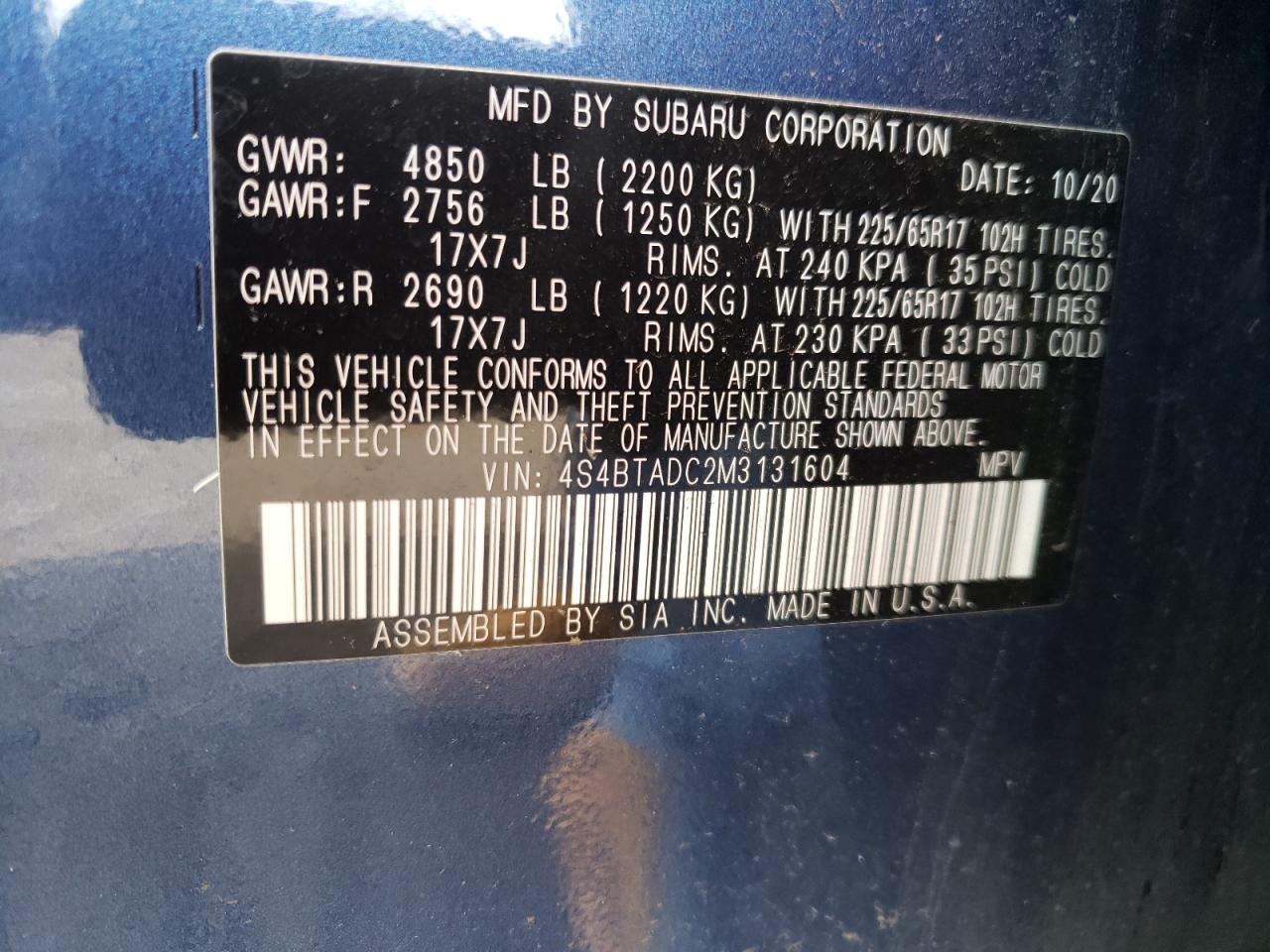 Photo 10 from auction – 2021 SUBARU OUTBACK PR with VIN 4S4BTADC2M3131604