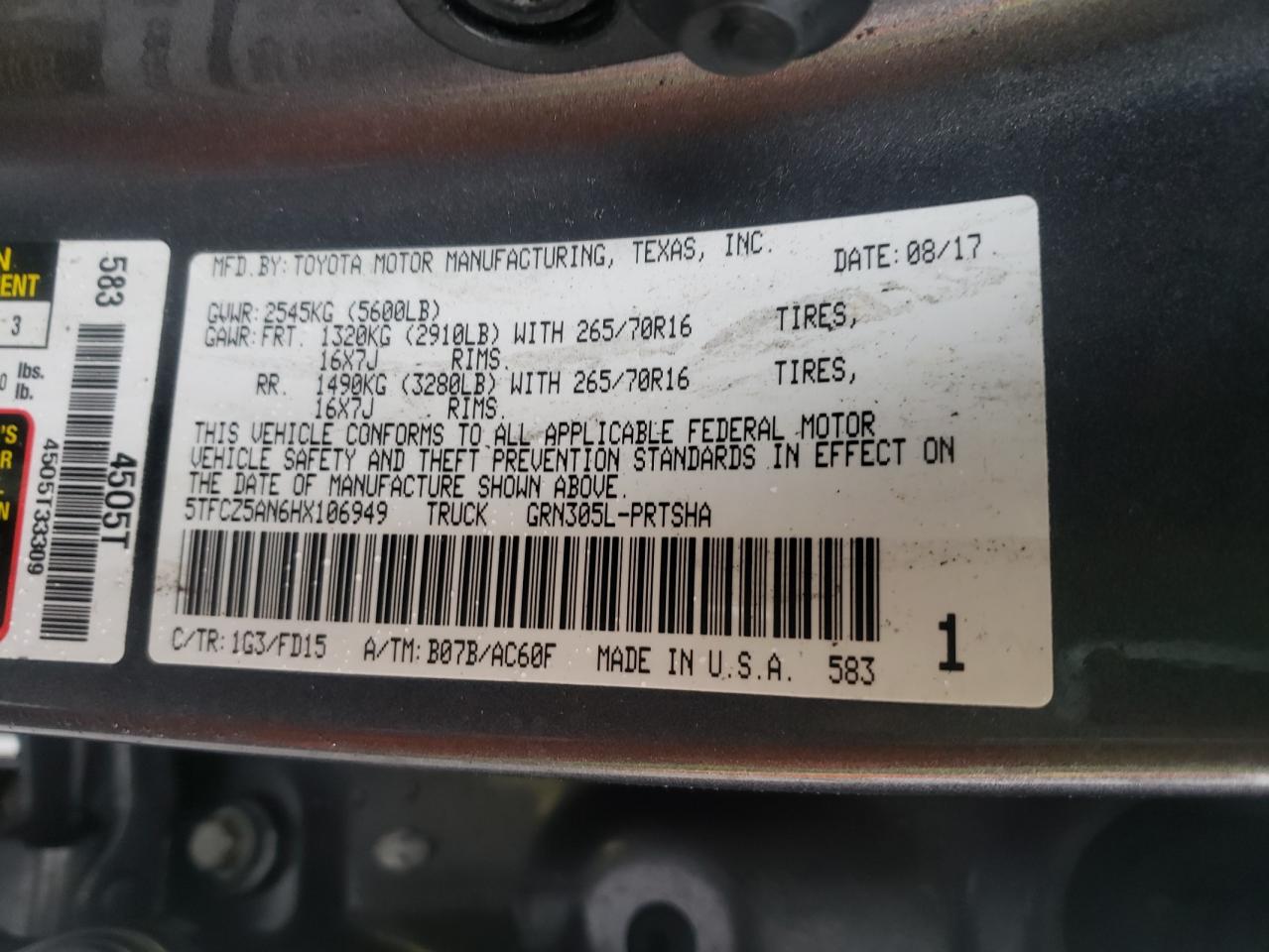 Photo 10 from auction – 2017 TOYOTA TACOMA DOU with VIN 5TFCZ5AN6HX106949