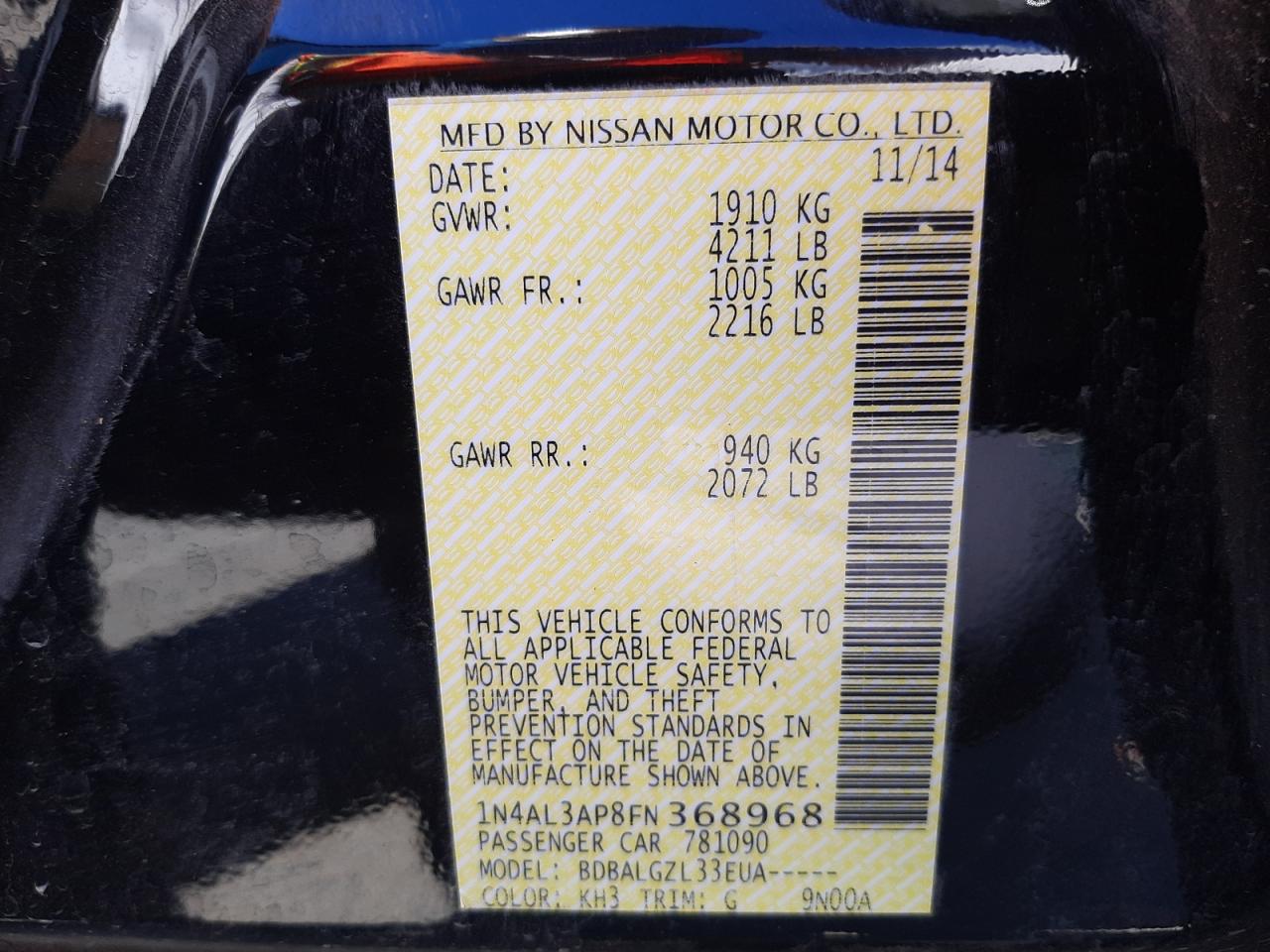 Photo 10 from auction – 2015 NISSAN ALTIMA 2.5 with VIN 1N4AL3AP8FN368968