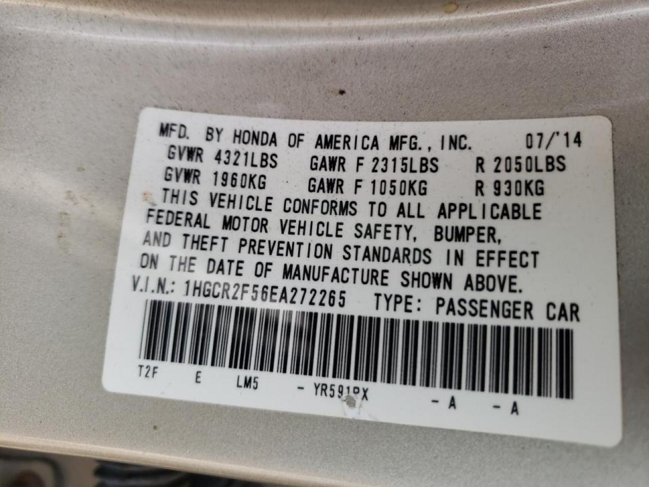 Photo 10 from auction – 2014 HONDA ACCORD SPO with VIN 1HGCR2F56EA272265