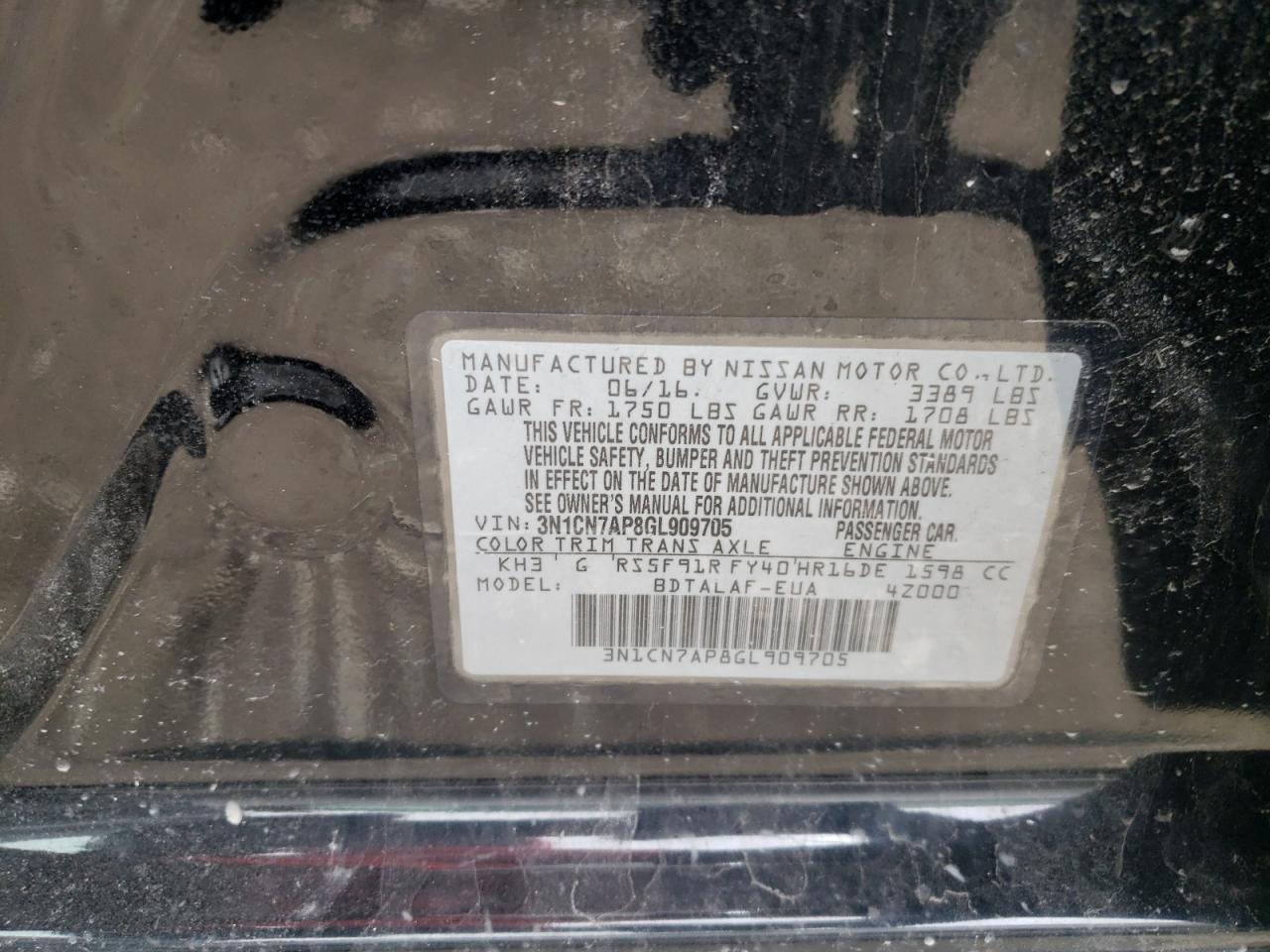 Photo 10 from auction – 2016 NISSAN VERSA with VIN 3N1CN7AP8GL909705