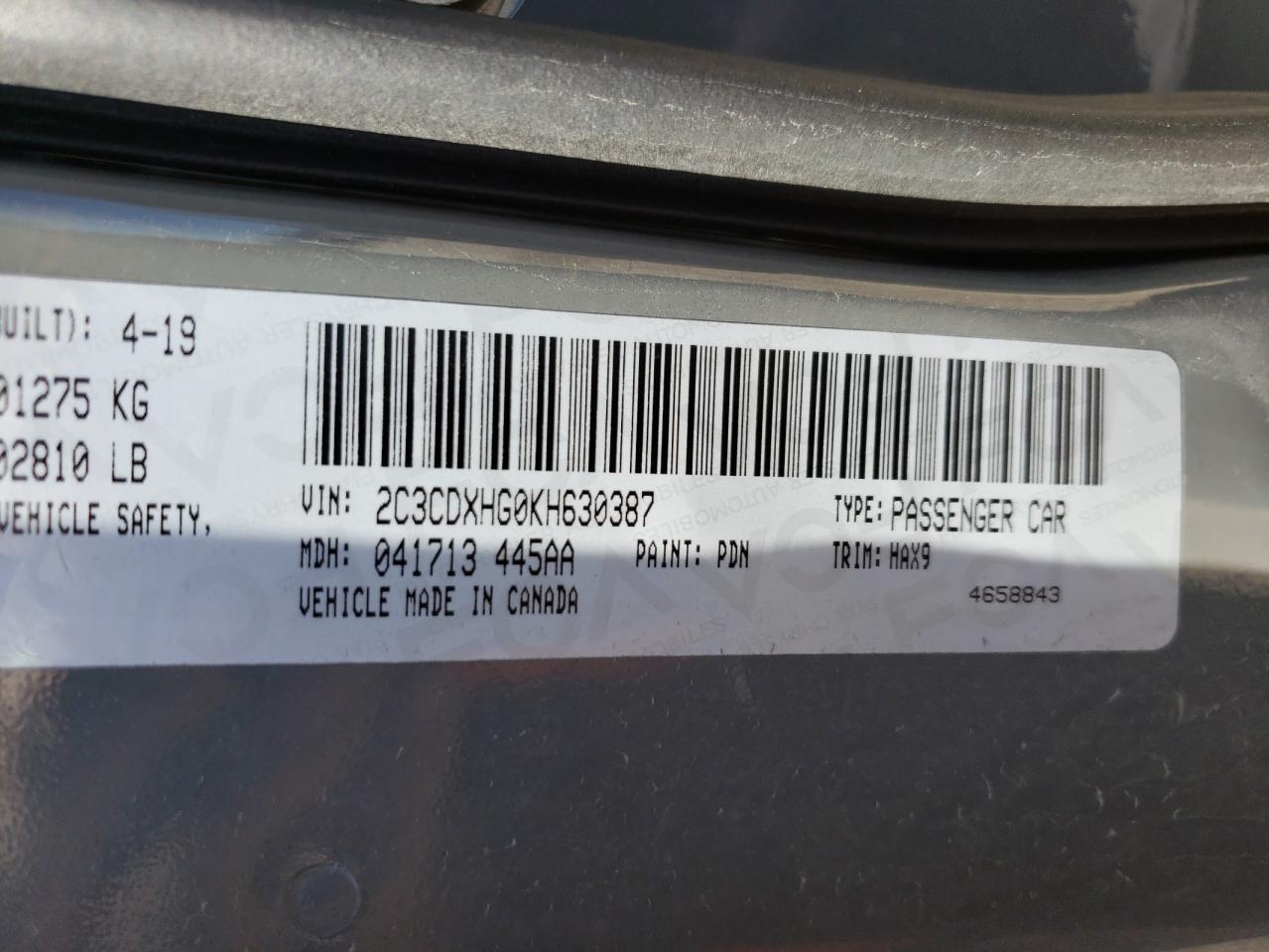 Photo 10 from auction – 2019 DODGE CHARGER GT with VIN 2C3CDXHG0KH630387