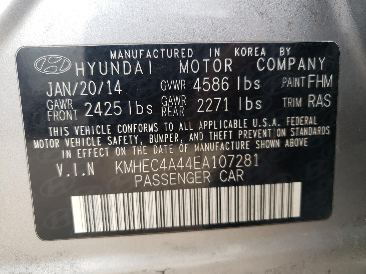 Photo 10 from auction – 2014 HYUNDAI SONATA HYB with VIN KMHEC4A44EA107281