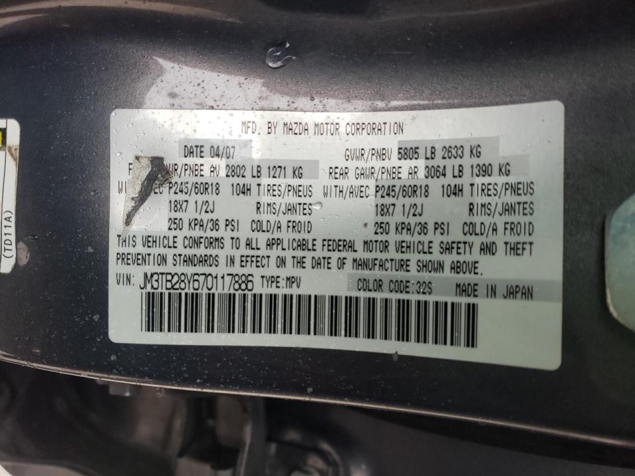Фото 10 с аукциона – 2007 MAZDA CX-9 с VIN JM3TB28Y670117886