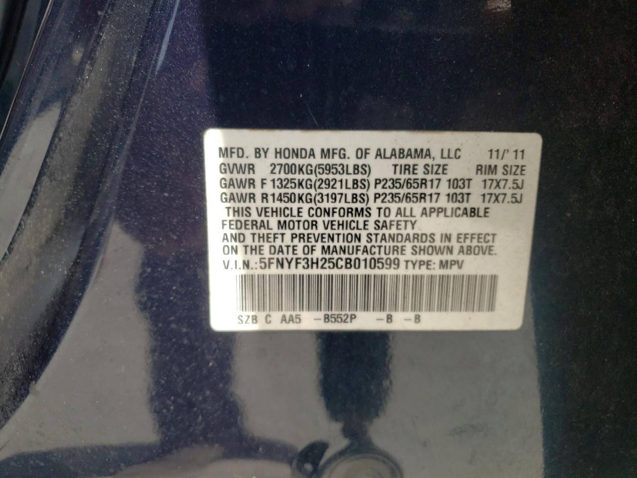Photo 10 from auction – 2012 HONDA PILOT LX with VIN 5FNYF3H25CB010599