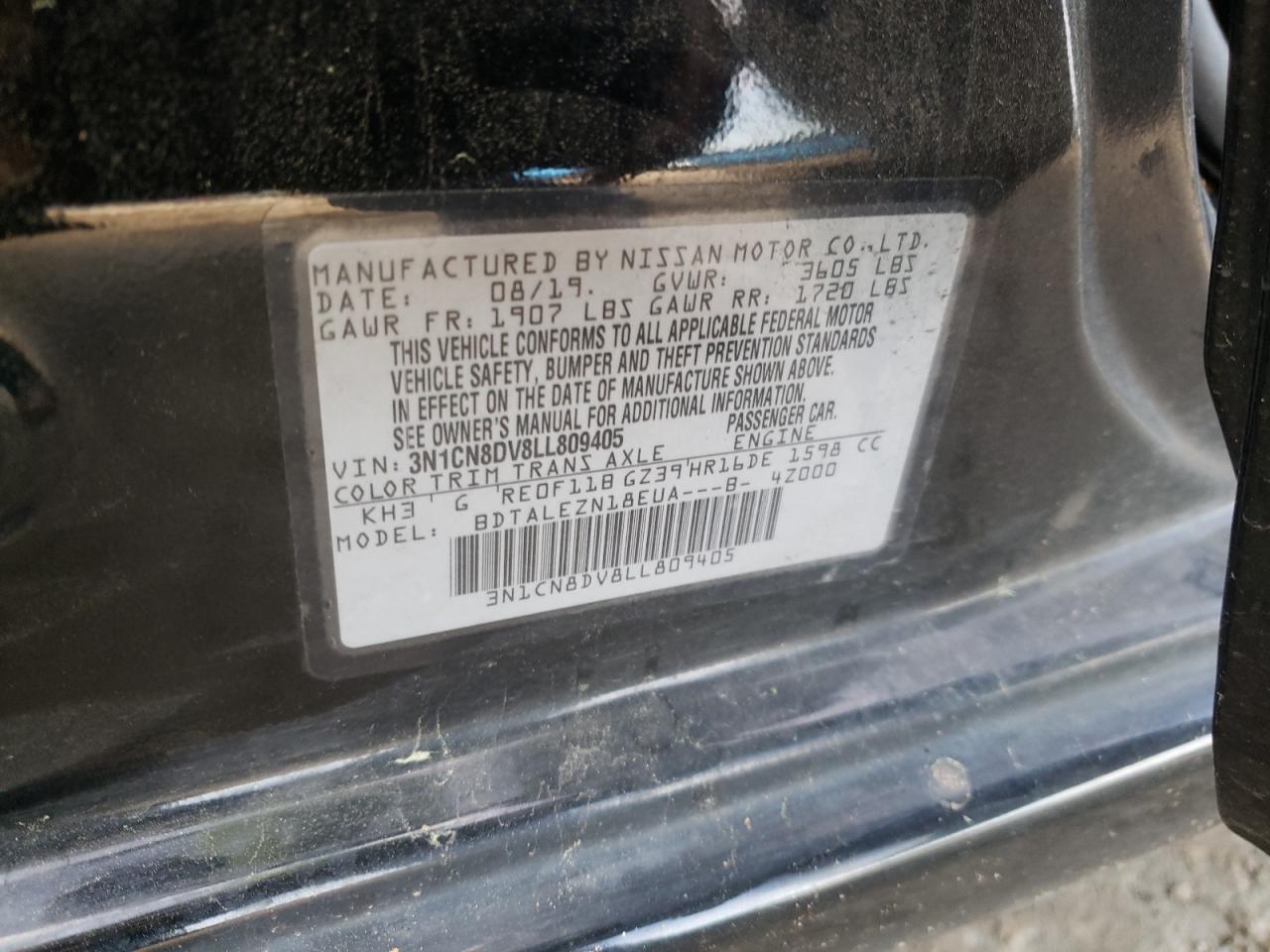 Photo 10 from auction – 2020 NISSAN VERSA S with VIN 3N1CN8DV8LL809405