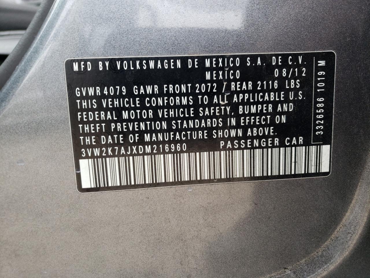 Photo 10 from auction – 2013 VOLKSWAGEN JETTA BASE with VIN 3VW2K7AJXDM216960