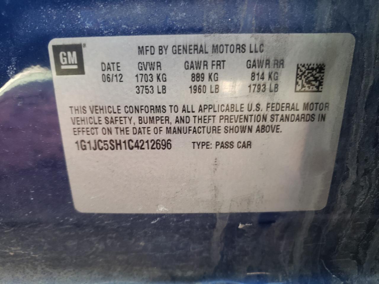 Photo 10 from auction – 2012 CHEVROLET SONIC LT with VIN 1G1JC5SH1C4212696