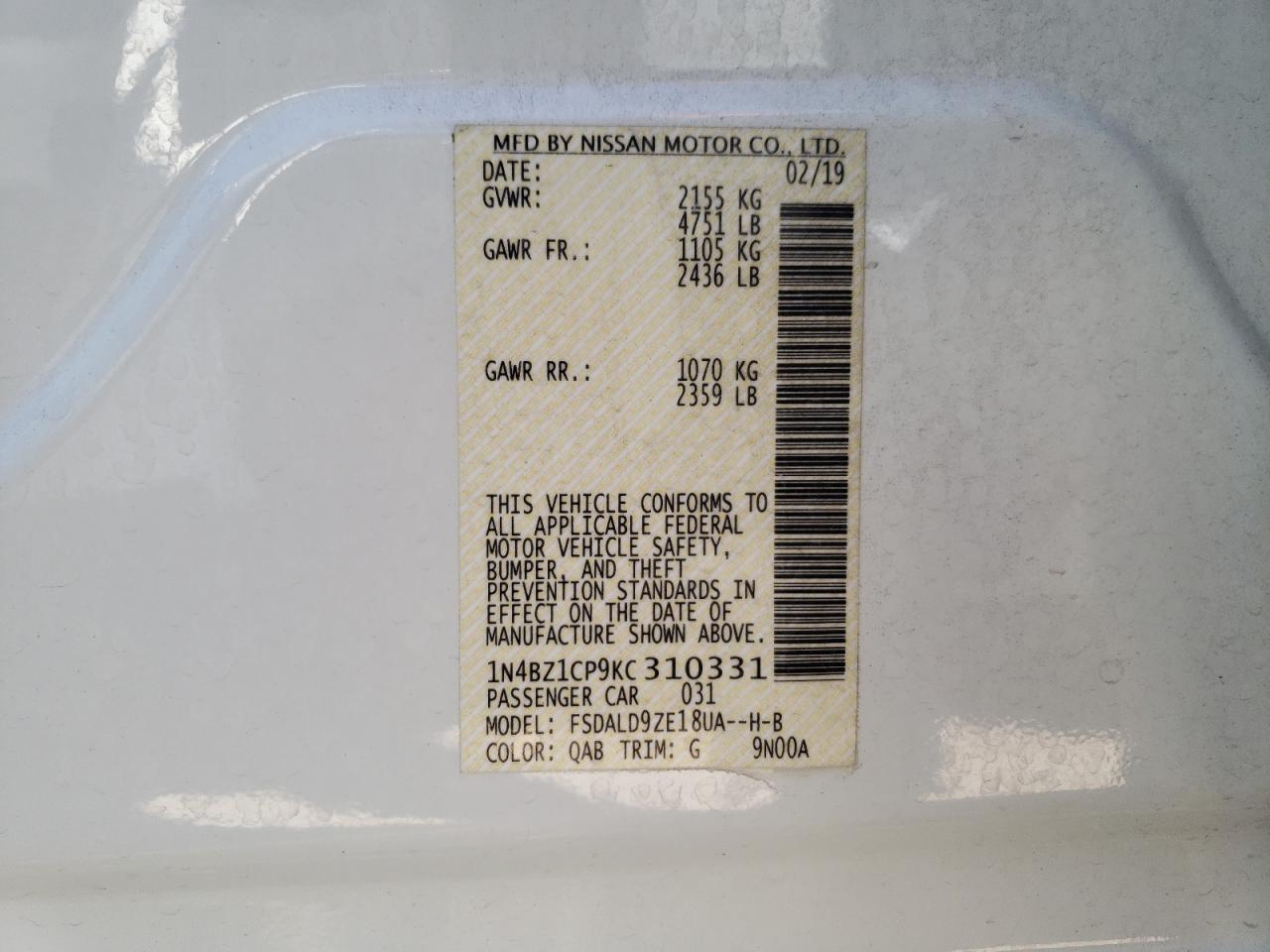 Photo 10 from auction – 2019 NISSAN LEAF S PLU with VIN 1N4BZ1CP9KC310331