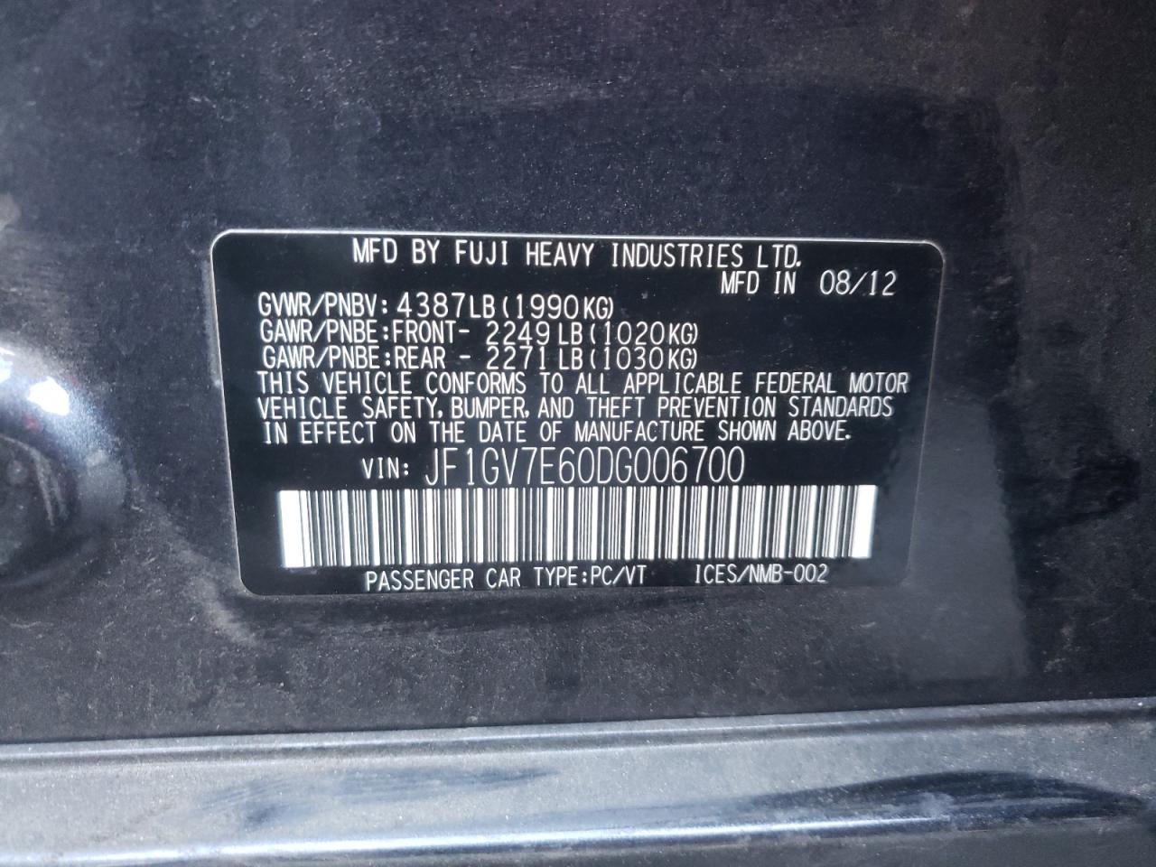 Photo 10 from auction – 2013 SUBARU IMPREZA WR with VIN JF1GV7E60DG006700
