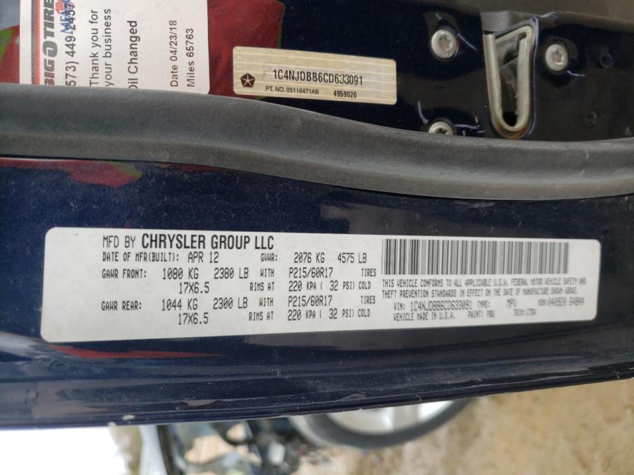 Photo 10 from auction – 2012 JEEP COMPASS SP with VIN 1C4NJDBB6CD633091