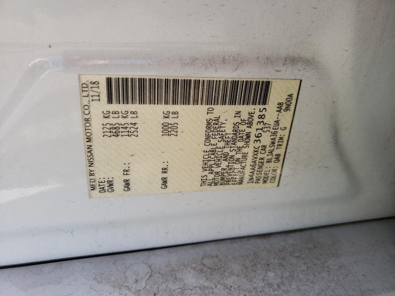 Photo 10 from auction – 2019 NISSAN MAXIMA S with VIN 1N4AA6AVXKC361385